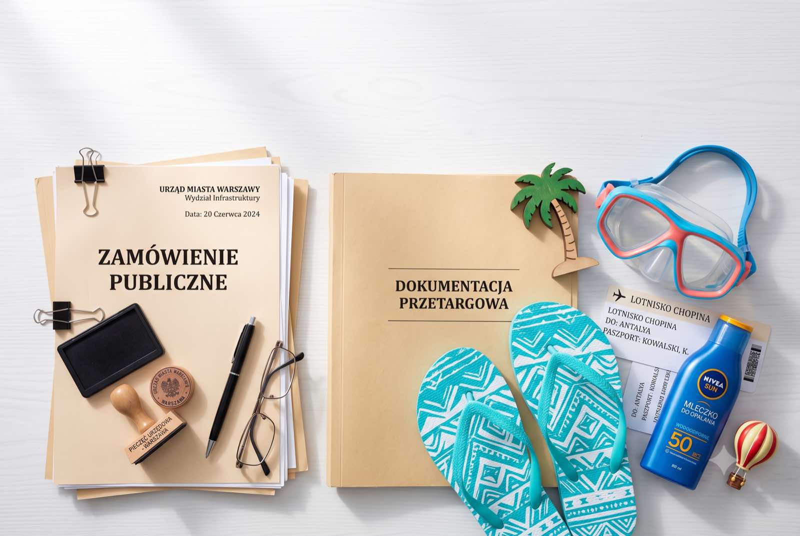 Dokumentacja przetargowa z pieczątką obok klapek, maski do nurkowania i kremu z filtrem — przetargi na zagraniczne wycieczki dla pracowników instytucji publicznych