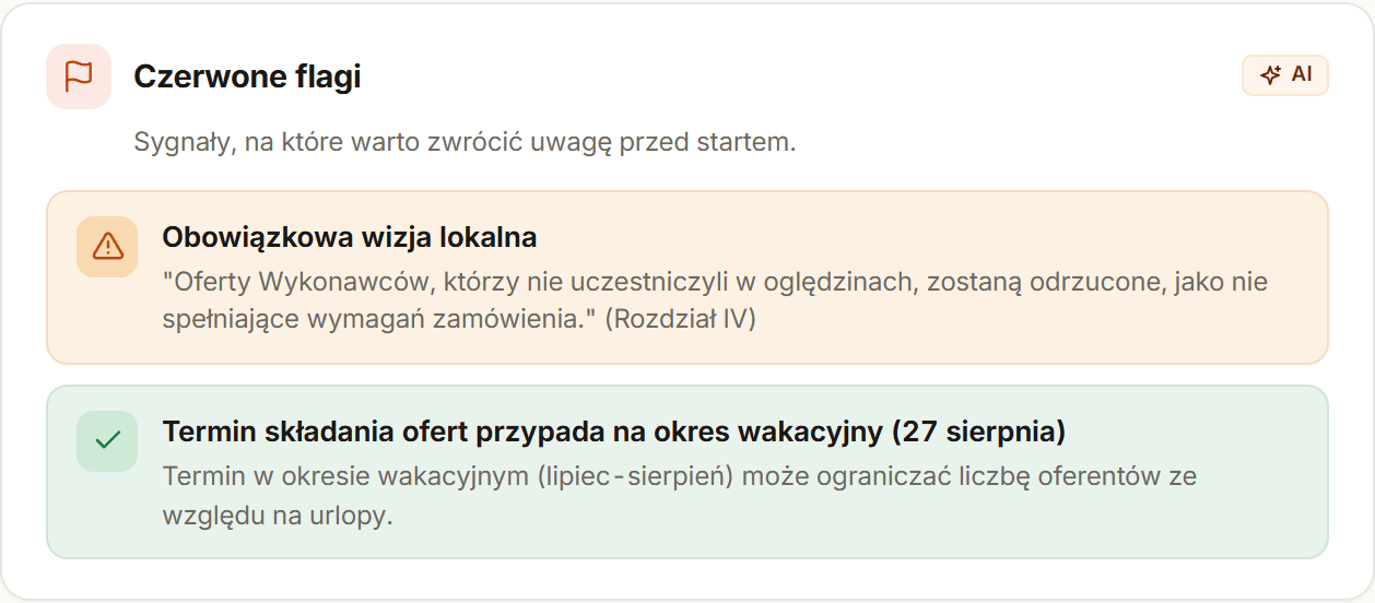 Sekcja Czerwone flagi w aplikacji: ostrzeżenie o obowiązkowej wizji lokalnej z zacytowanym zapisem specyfikacji, że oferty wykonawców, którzy nie uczestniczyli w oględzinach, zostaną odrzucone, oraz drugi sygnał o wakacyjnym terminie składania ofert