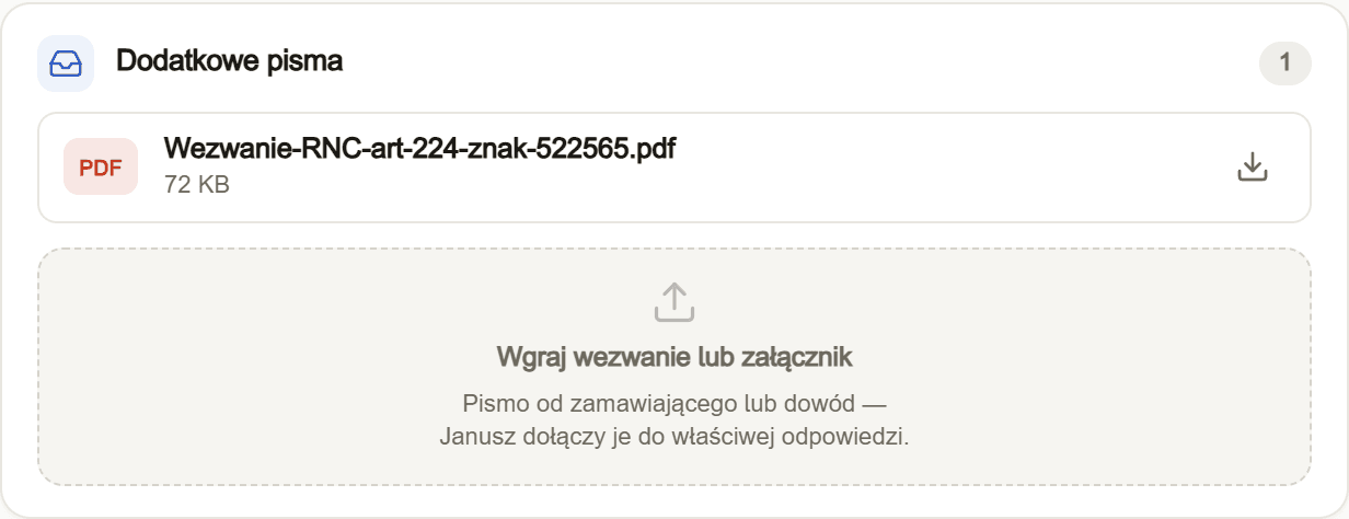 Karta Dodatkowe pisma w aplikacji z wgranym plikiem PDF o nazwie Wezwanie RNC art. 224 znak 522565 oraz pole do wgrywania kolejnych pism od zamawiającego i dowodów