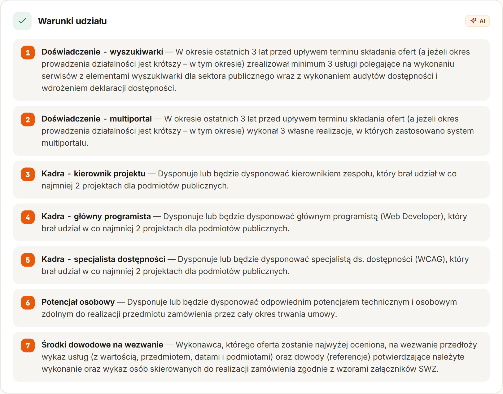 Sekcja Warunki udziału z siedmioma ponumerowanymi wymaganiami: doświadczenie przy wyszukiwarkach i multiportalach, kierownik projektu, główny programista, specjalista dostępności, potencjał osobowy oraz środki dowodowe składane na wezwanie